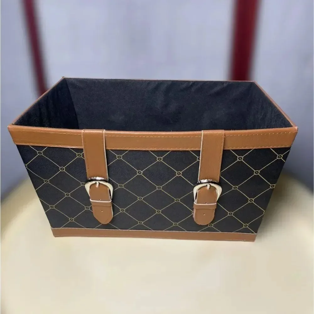 Elegant Black Fabric Storage Bin w/Brown Faux Leather Accents & Monogram Print